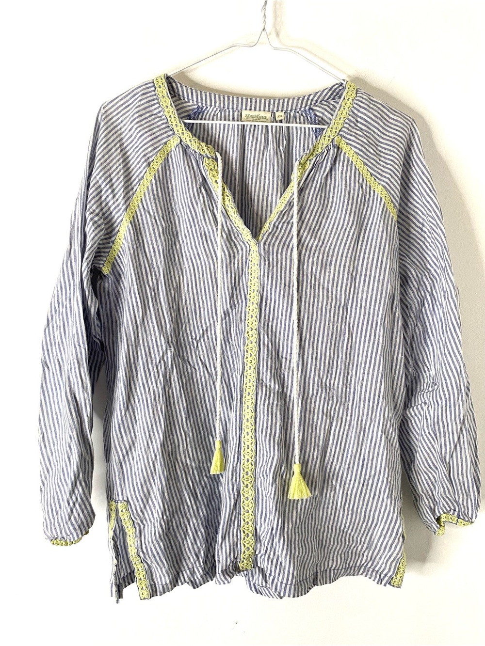 Spartina 449 Blue White Stripe 100% Linen Tassel Tunic Blouse Coastal